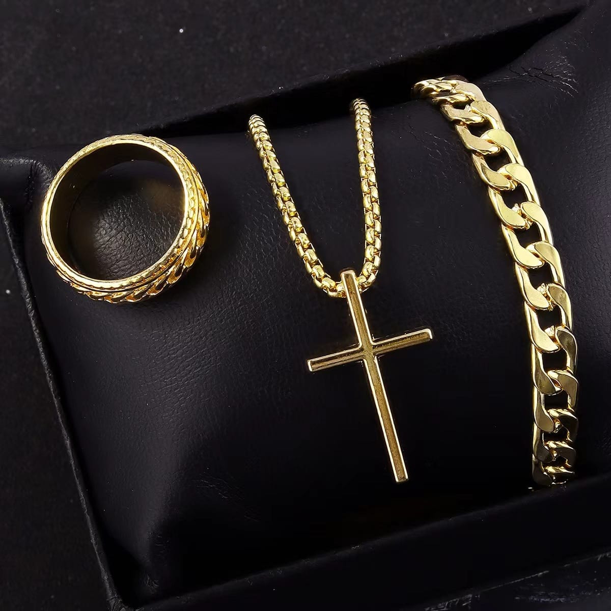 Men Necklace Ring and Bracelet (Gold)