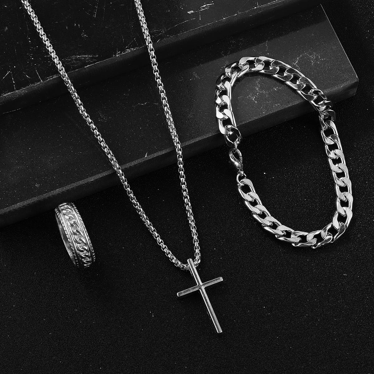 Men Necklace Ring and Bracelet (silver)