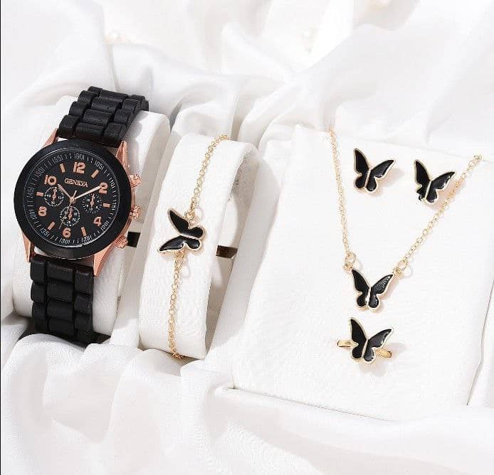 Black wristwatch and necklace earrings set