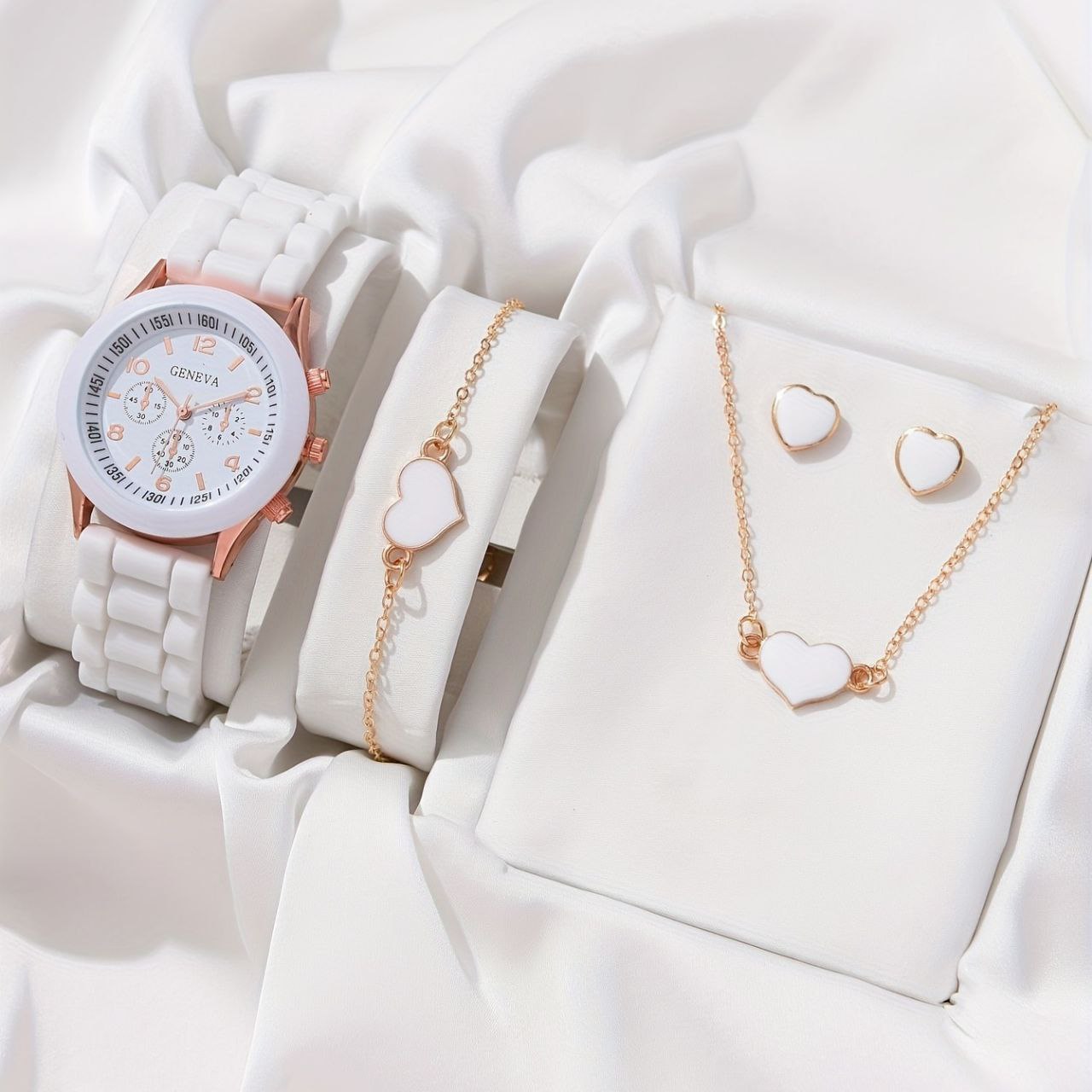 White wristwatch and necklace earrings set