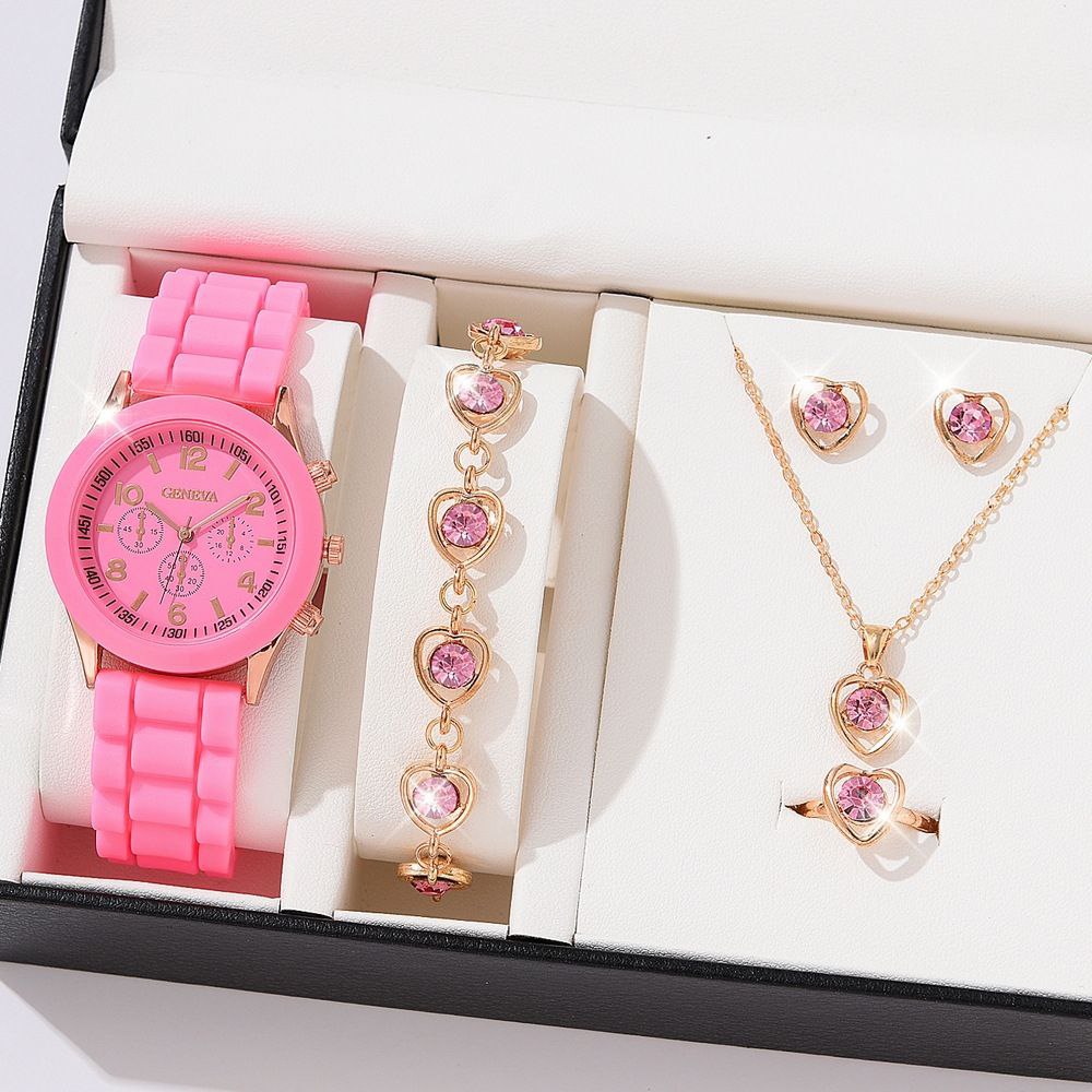 Pink wristwatch and necklace earrings set