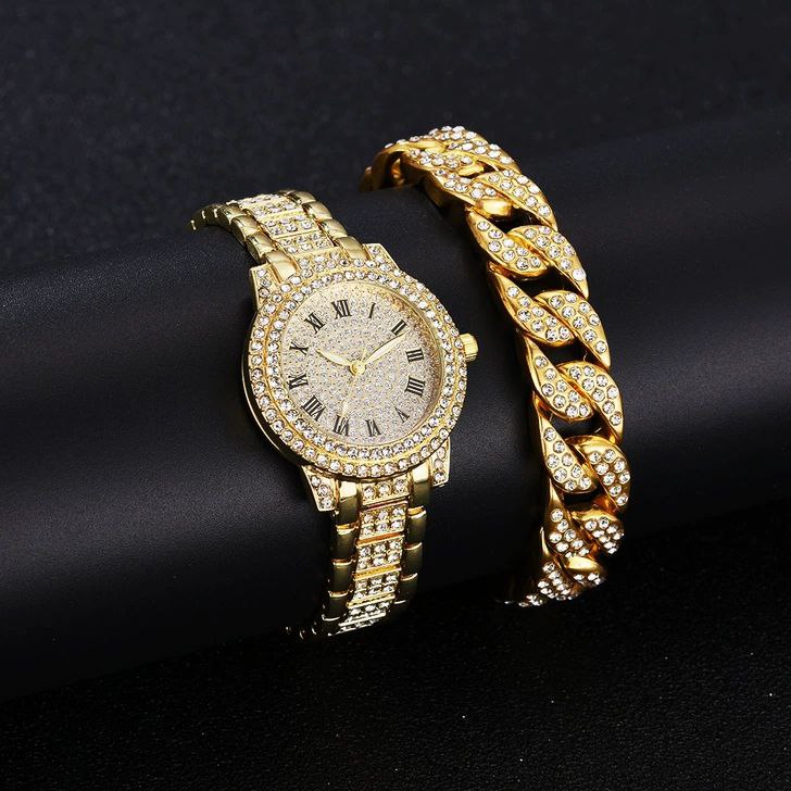 2 in 1 Quartz Gold Watch And Hand Chain