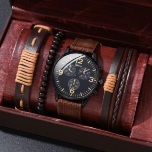 Brown Leather Men Watch Set
