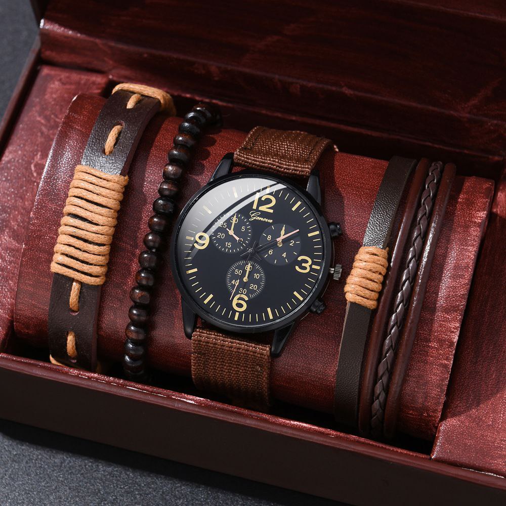 Brown Leather Men Watch Set