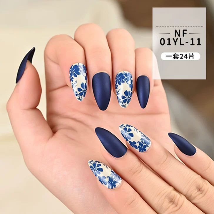 24pcs Blue Flower Press On Nails