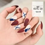 Biege And Navy Blue With white Line Press On Nails (Wholesales)