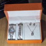 Luxury Women Silver Wristwatch Earrings Set