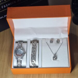 Luxury Women Silver Wristwatch Earrings Set