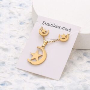 Gold Moon And Star Necklace Earring Set