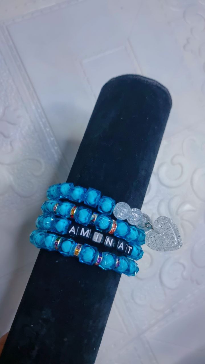 4PCS Blue Beaded Bracelet With Charms And Name