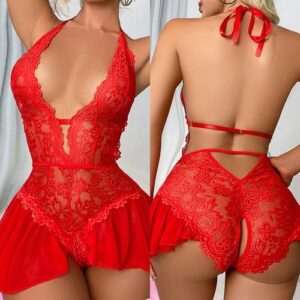 Women Sexy Red V Neck Backless Lace Lingerie