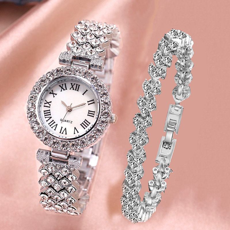 Luxury Silver Rhinestone Ladies Wristwatch & Bracelet