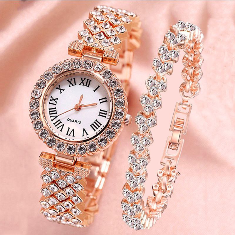 Luxury Rose Gold Rhinestone Ladies Wristwatch & Bracelet