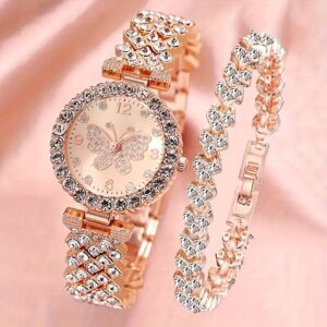 Rose Gold Butterfly Wristwatch With Bracelet