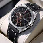 Silver Stoned Quality Leather Wristwatch With Case