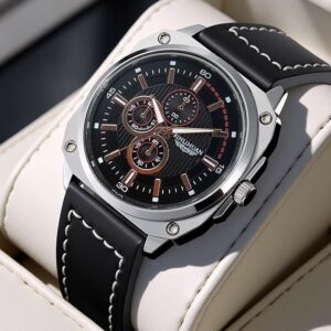 Silver Stoned Quality Leather Wristwatch With Case