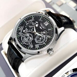 SilverBlack Quality Leather Wristwatch With Case