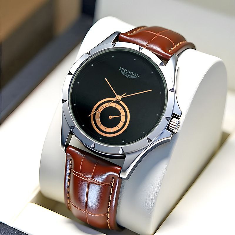 Elegant Black And Gold Wristwatch For Men Brown Strap With Case(Wholesales)