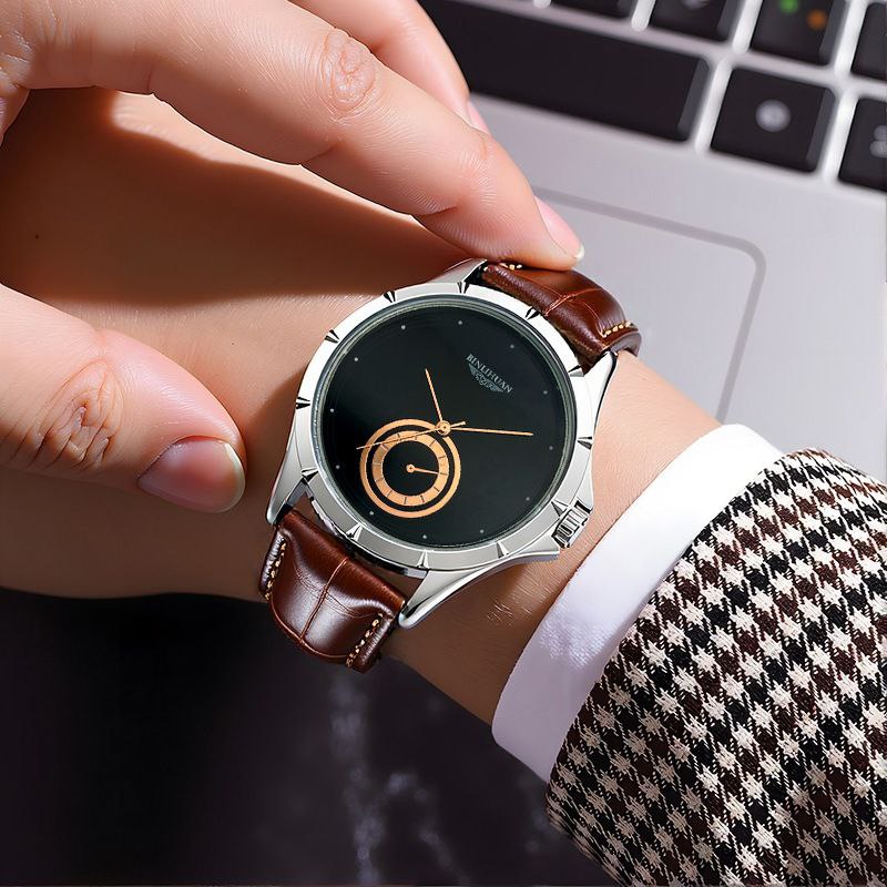 Elegant Black And Gold Wristwatch For Men Brown Strap With Case(Wholesales) - Image 2