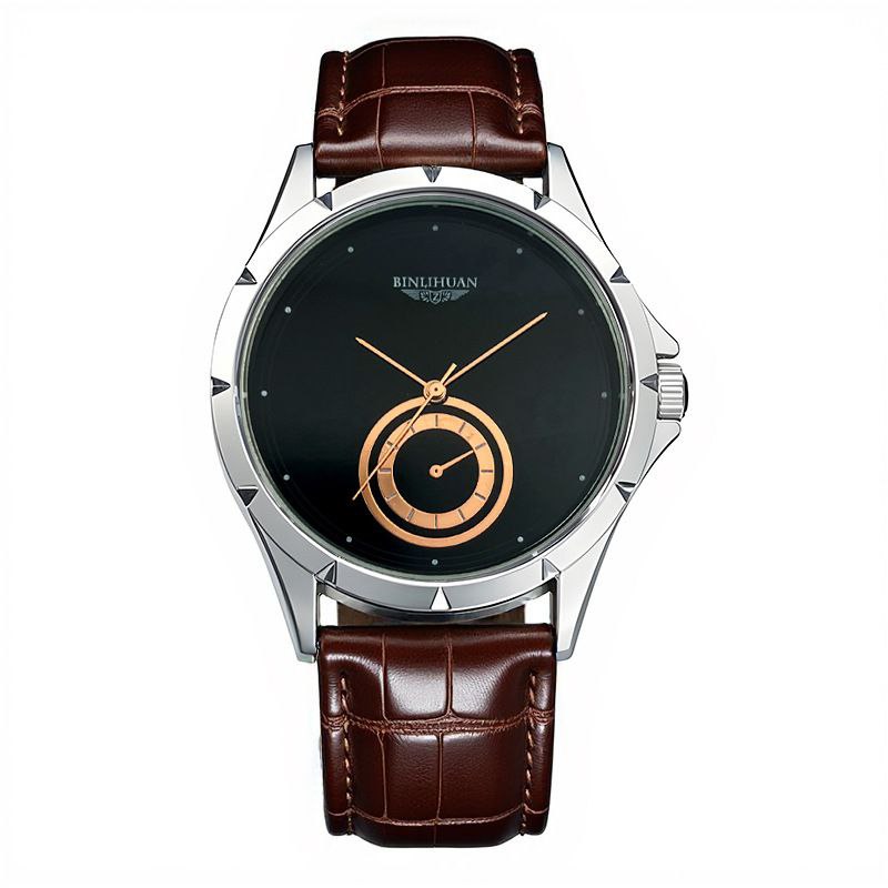 Elegant Black And Gold Wristwatch For Men Brown Strap With Case(Wholesales) - Image 3